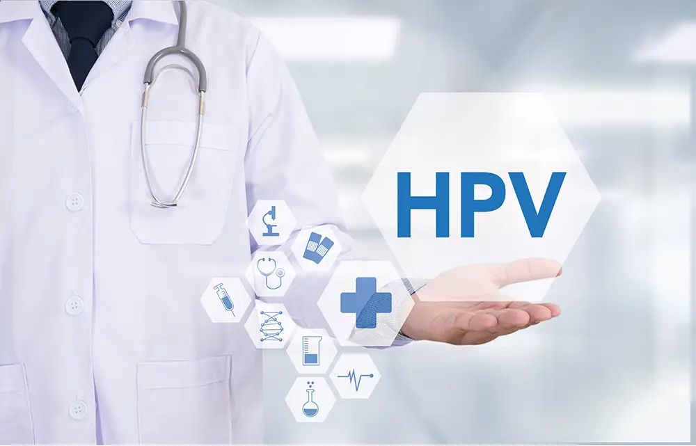 A doctor with a symbol reading HPV overlaying the photo