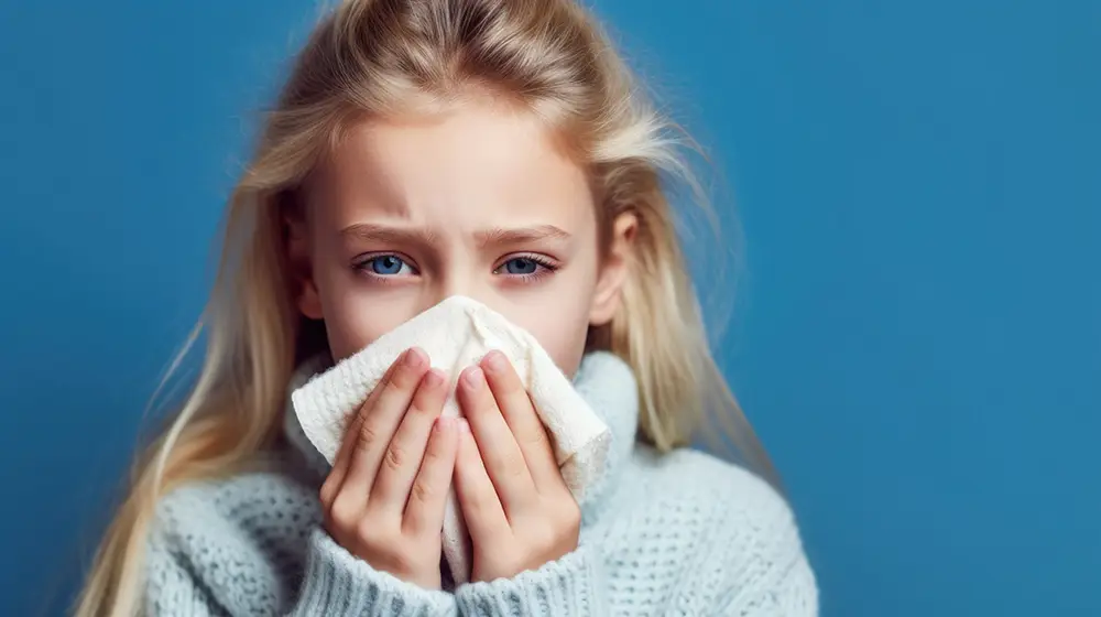 Photo of a girl blowing her nose